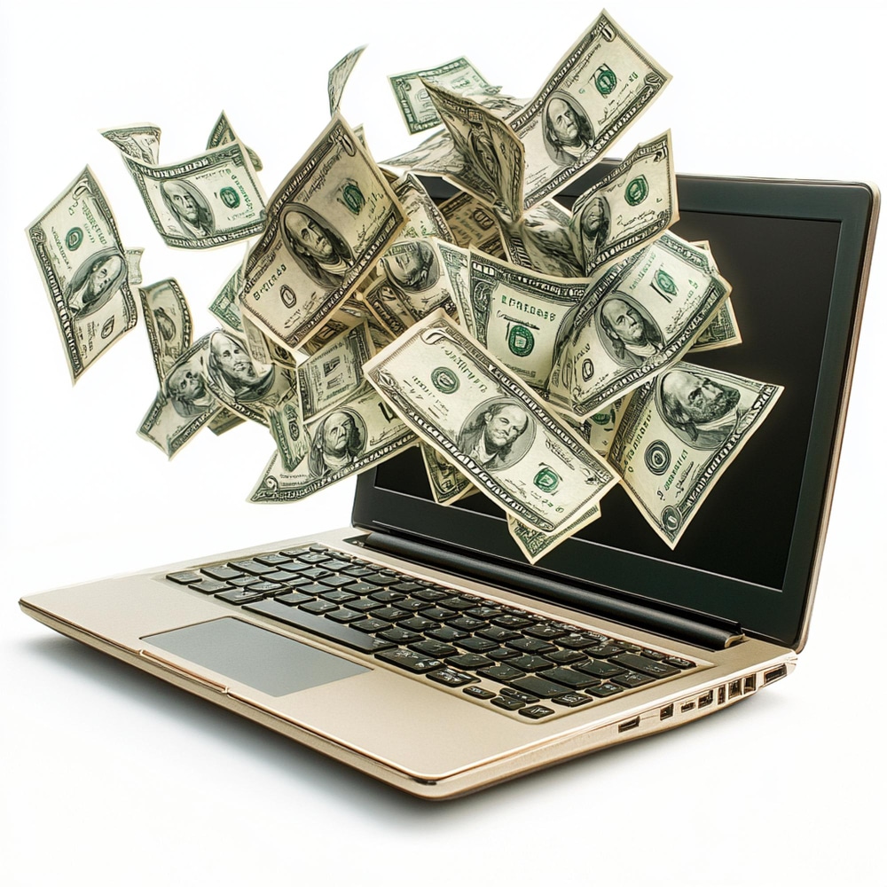 קידום אתרים ממומן (PPC) - שטרות כסף עפים מעל מחשב נייד
