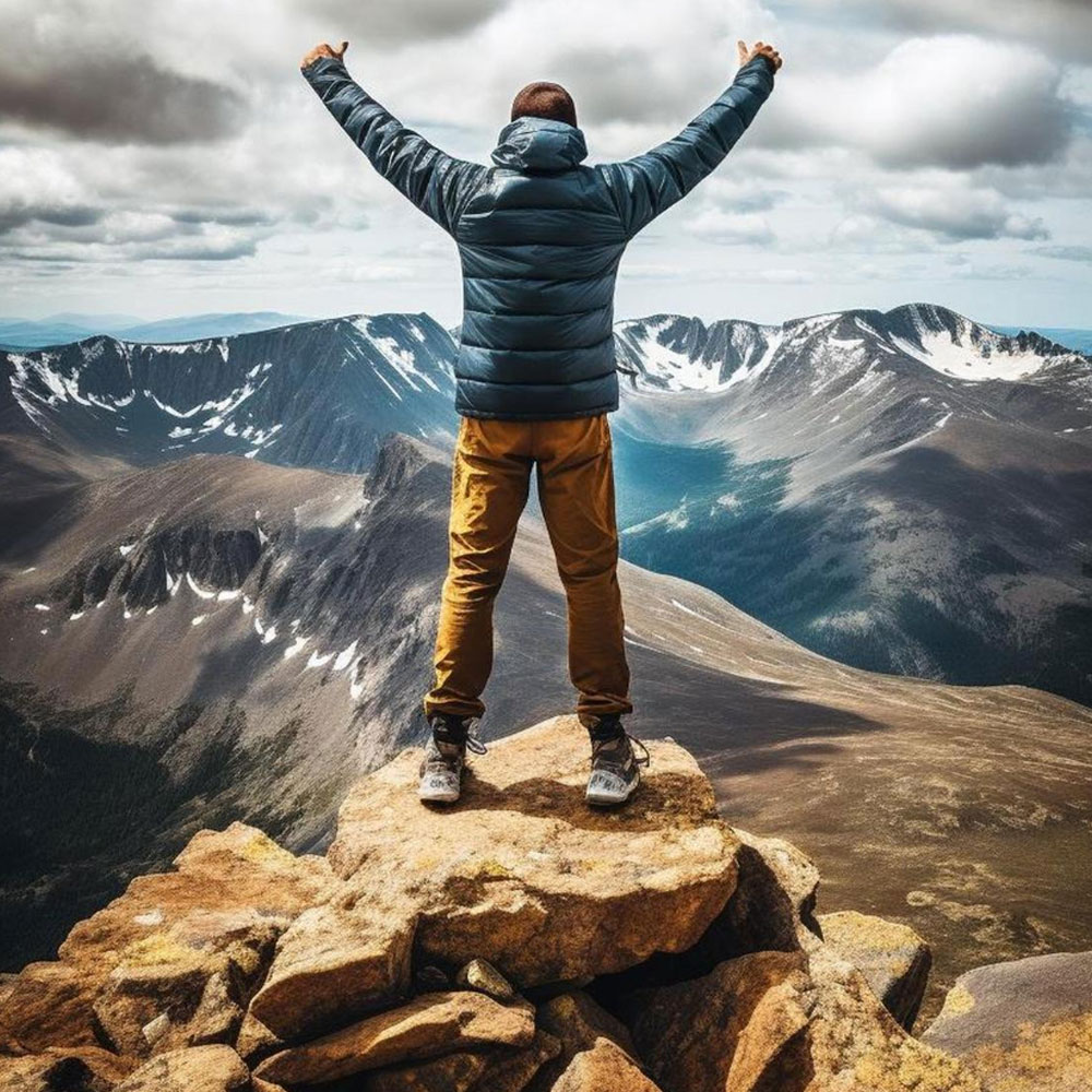 קידום אתרים אורגני (SEO) - אדם עומד על פסגת הר ומניף ידיים באויר.